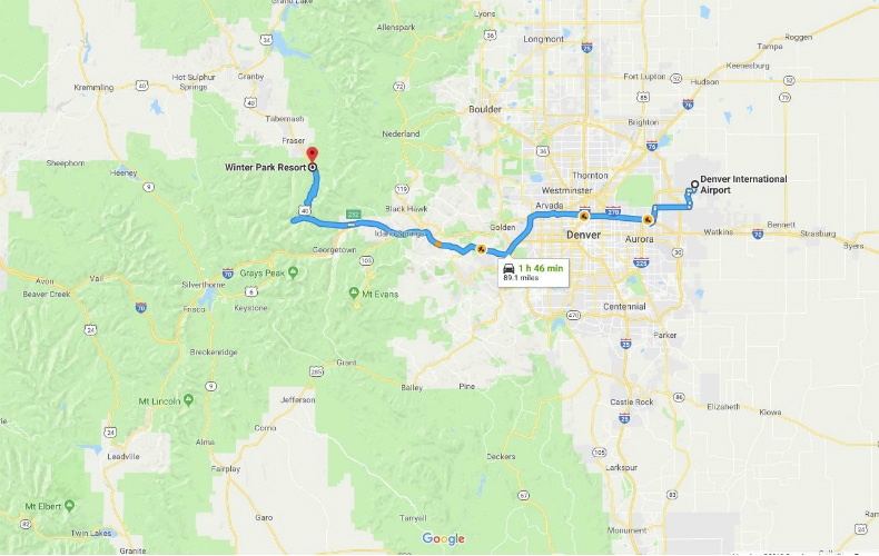 Map showing road route from Denver International Airport to Winter Park Ski Resort