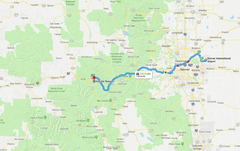 Google maps screenshot of route to Vail Ski Resort from Denver International Airport