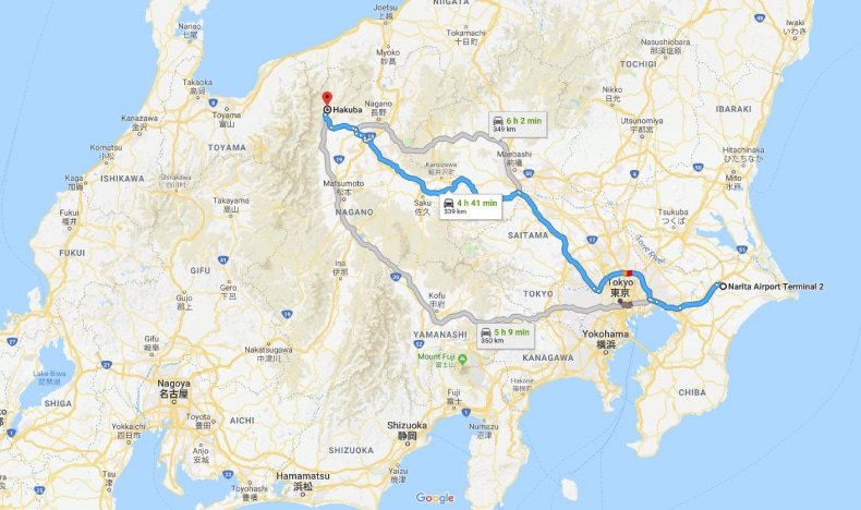 Narita Airport to Hakuba Map SkiBookings.com