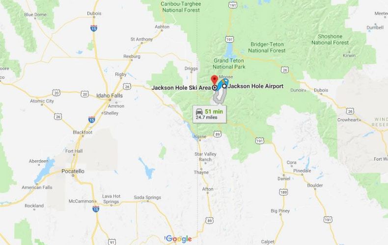 Map showing the route from Jackson Hole Airport to the Mountain Resort