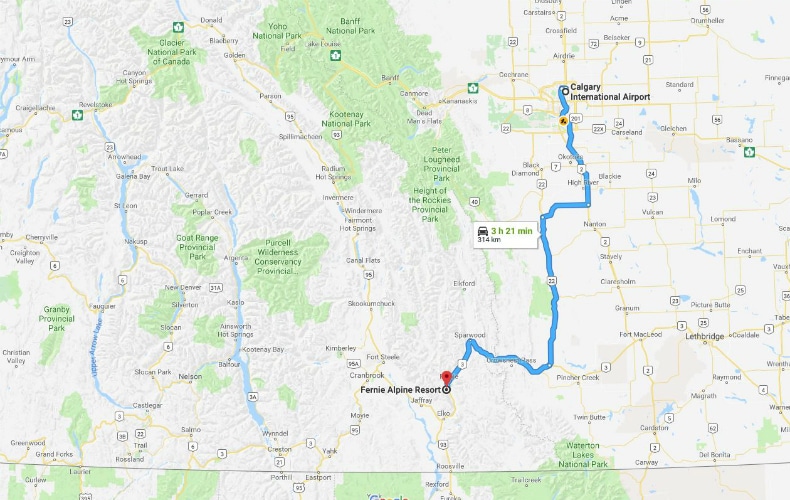 Fernie Alpine Resort to Calgary Airport on Google Maps