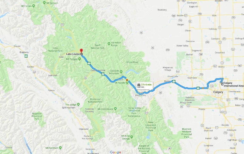 Map showing route to Lake Louise Ski Resort from Calgary International Airport