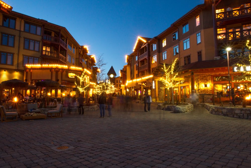 View of Mammoth village and shops at night