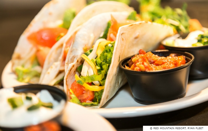 Close up of a plate of Tacos from Rafters Restaurant, Red Mountain Resort