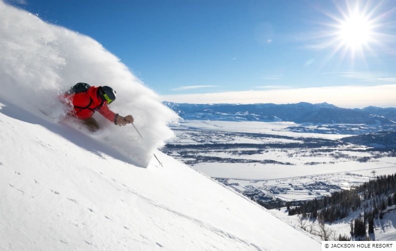 Skier in red at Jackson Hole Ski Resort in Wyoming