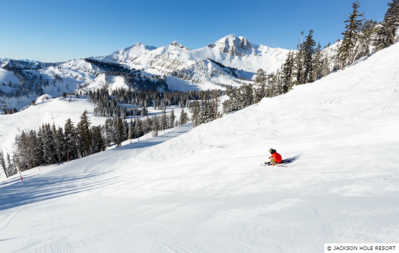 A skier in red on one of the more advanced runs at Jackon Hole Mountain Resort, Teton Village