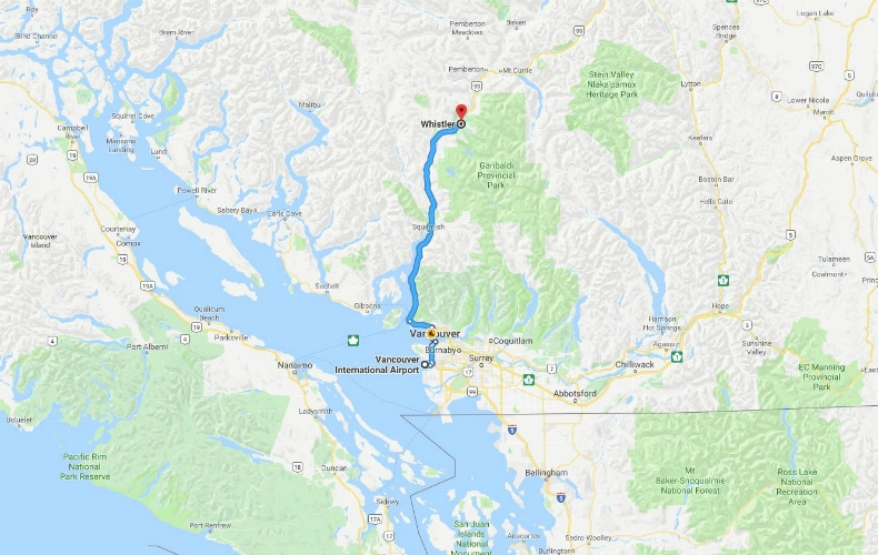 Google map showing the route between Vancouver International Airport and Whistler Ski Resort