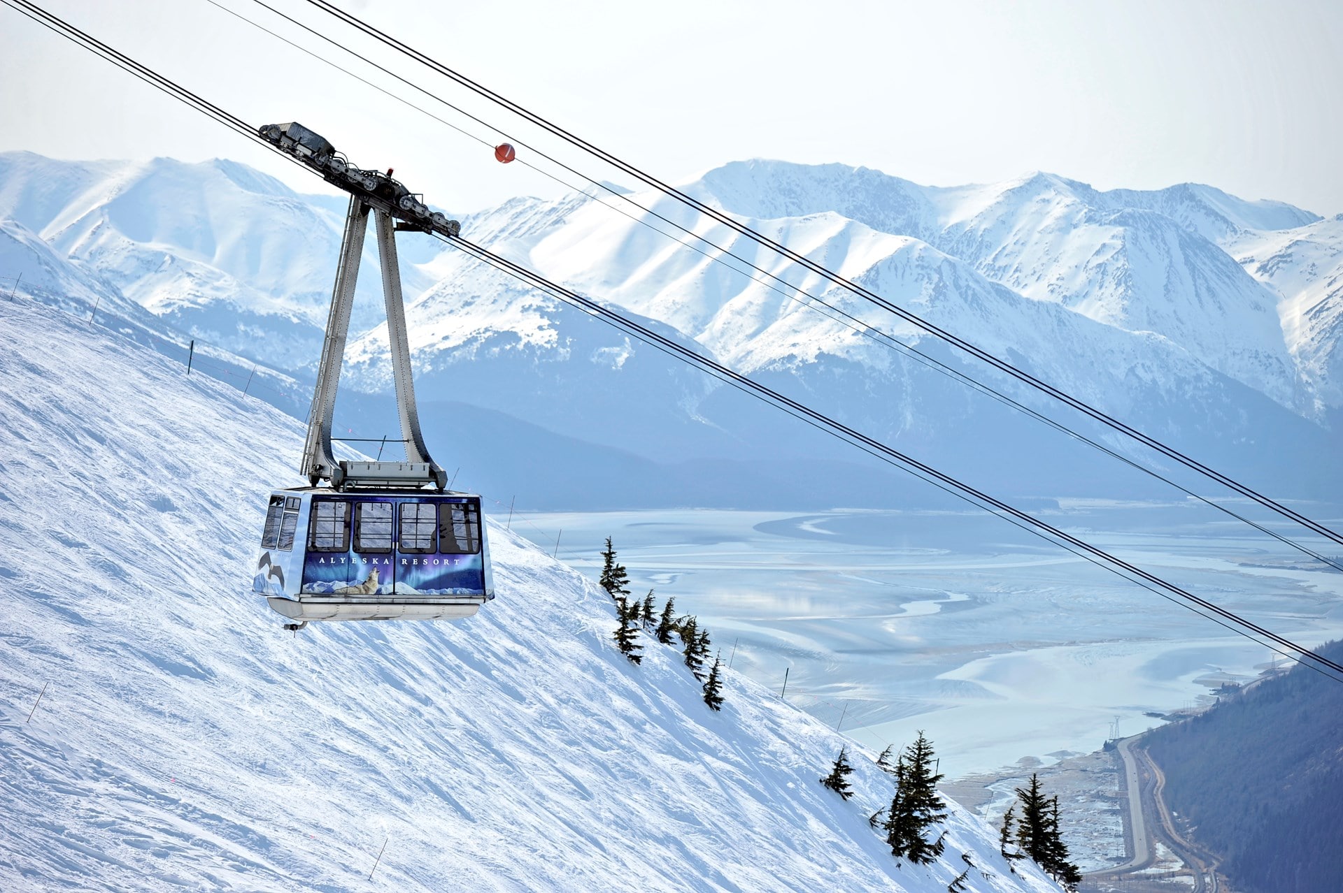 Cable ski car suspended over Alyeska Resort, Alaska