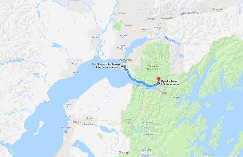 Ted Stevens Anchorage International Airport to Alyeska Resort Map